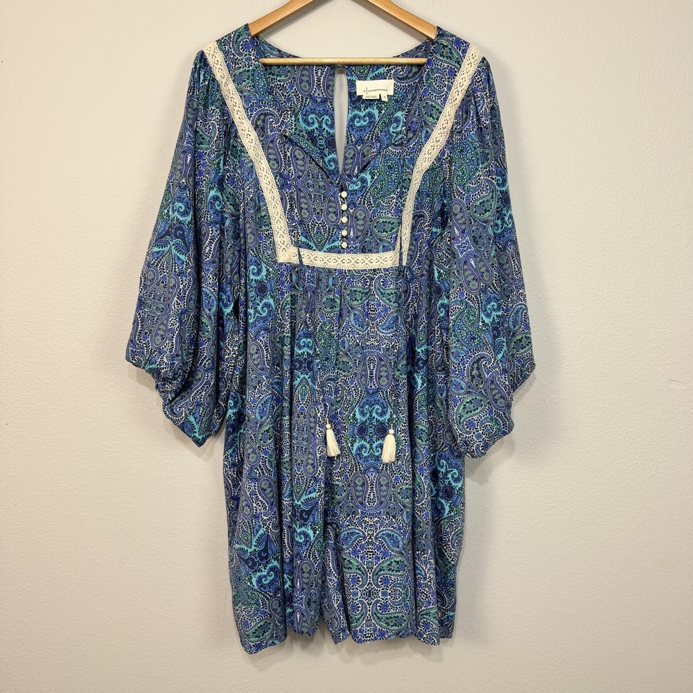Anthropologie Lissa Romper Women's XL Blue Paisley Boho Lined Balloon Sleeves